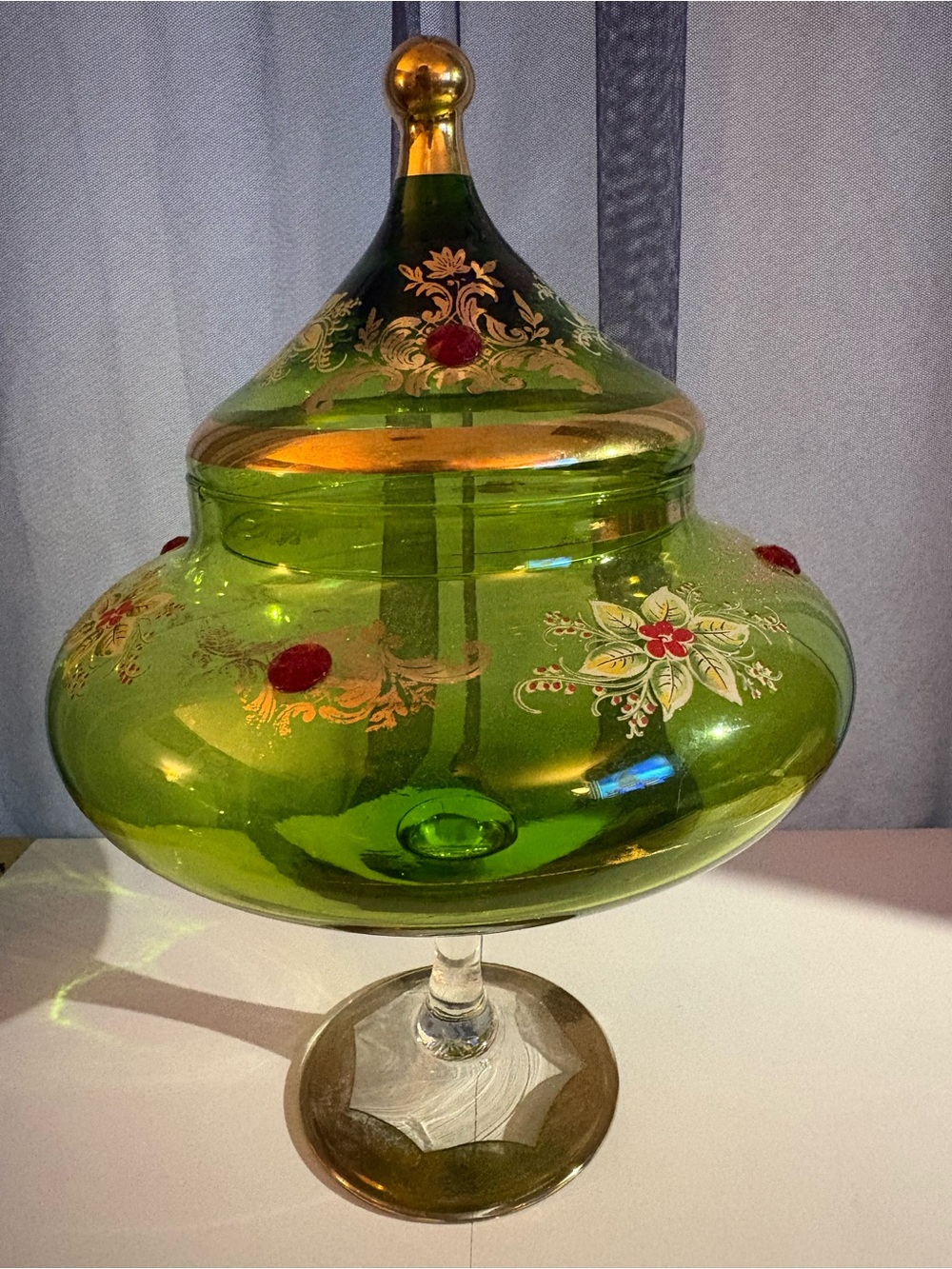 Vintage Murano Empoli Green Embellished Art Glass Pedestal Covered Jar
